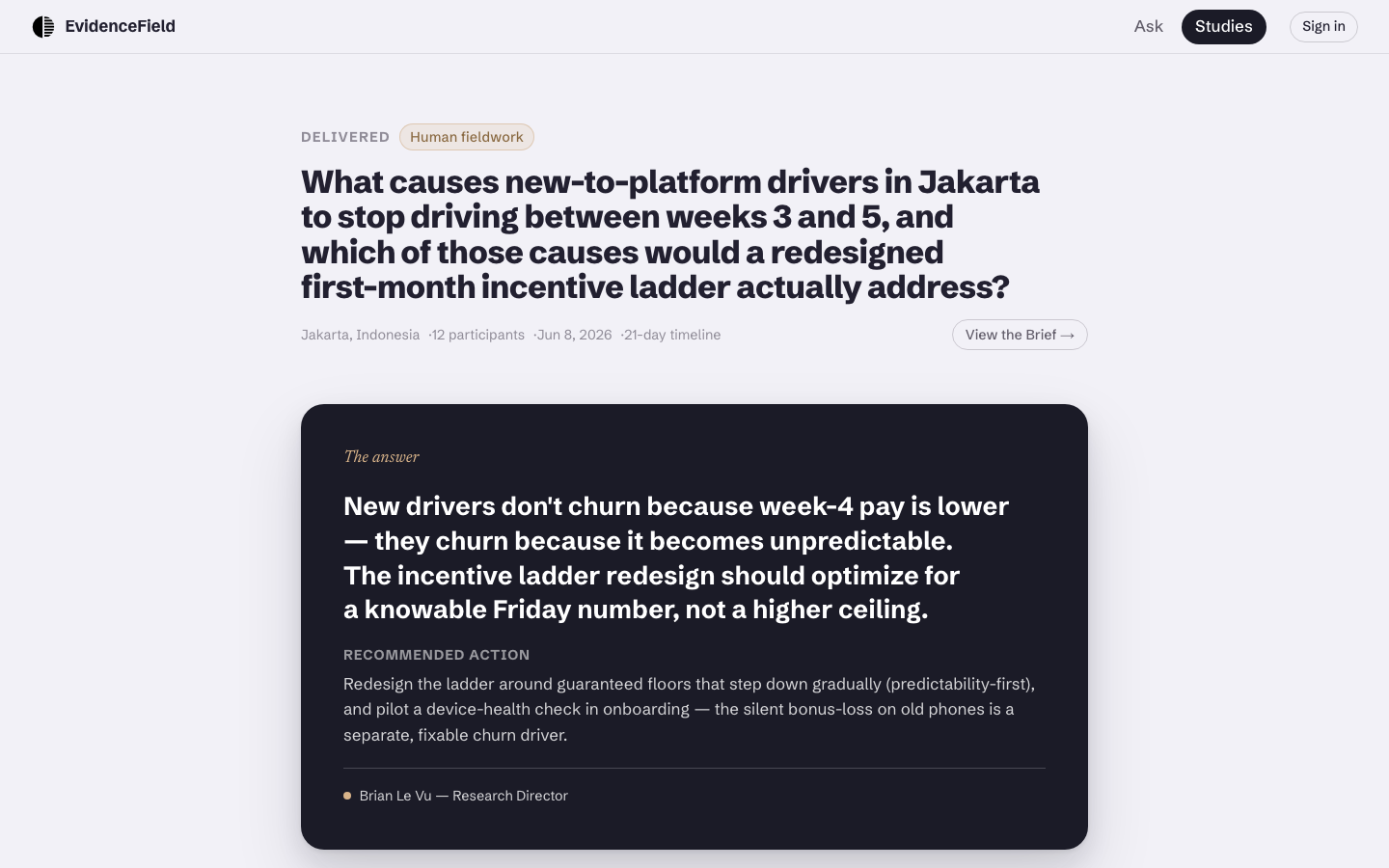 The delivered answer — the recommendation up front, every claim carrying its receipts.