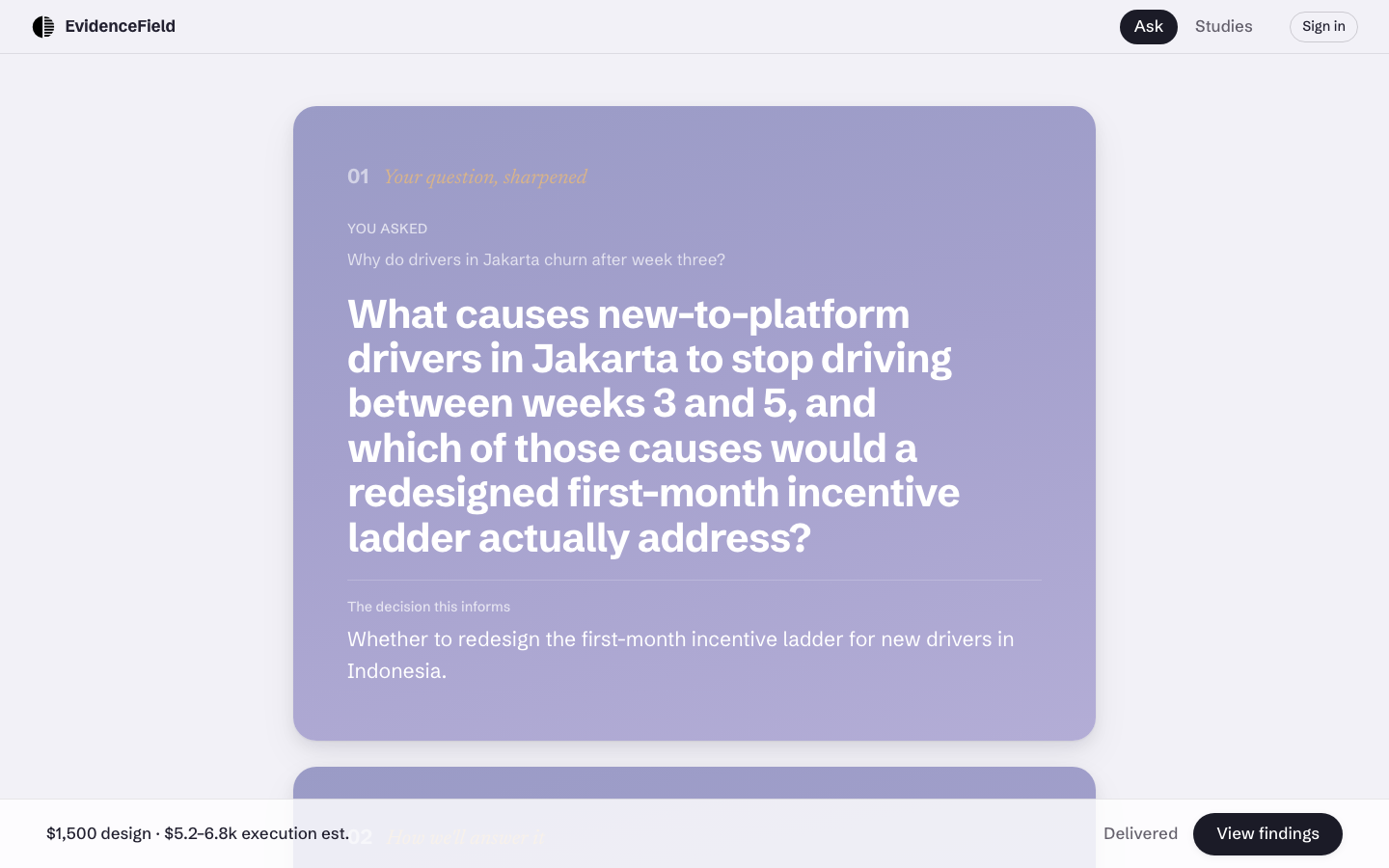The one-minute Brief — your question sharpened, with mode, honesty, and price on one slide.