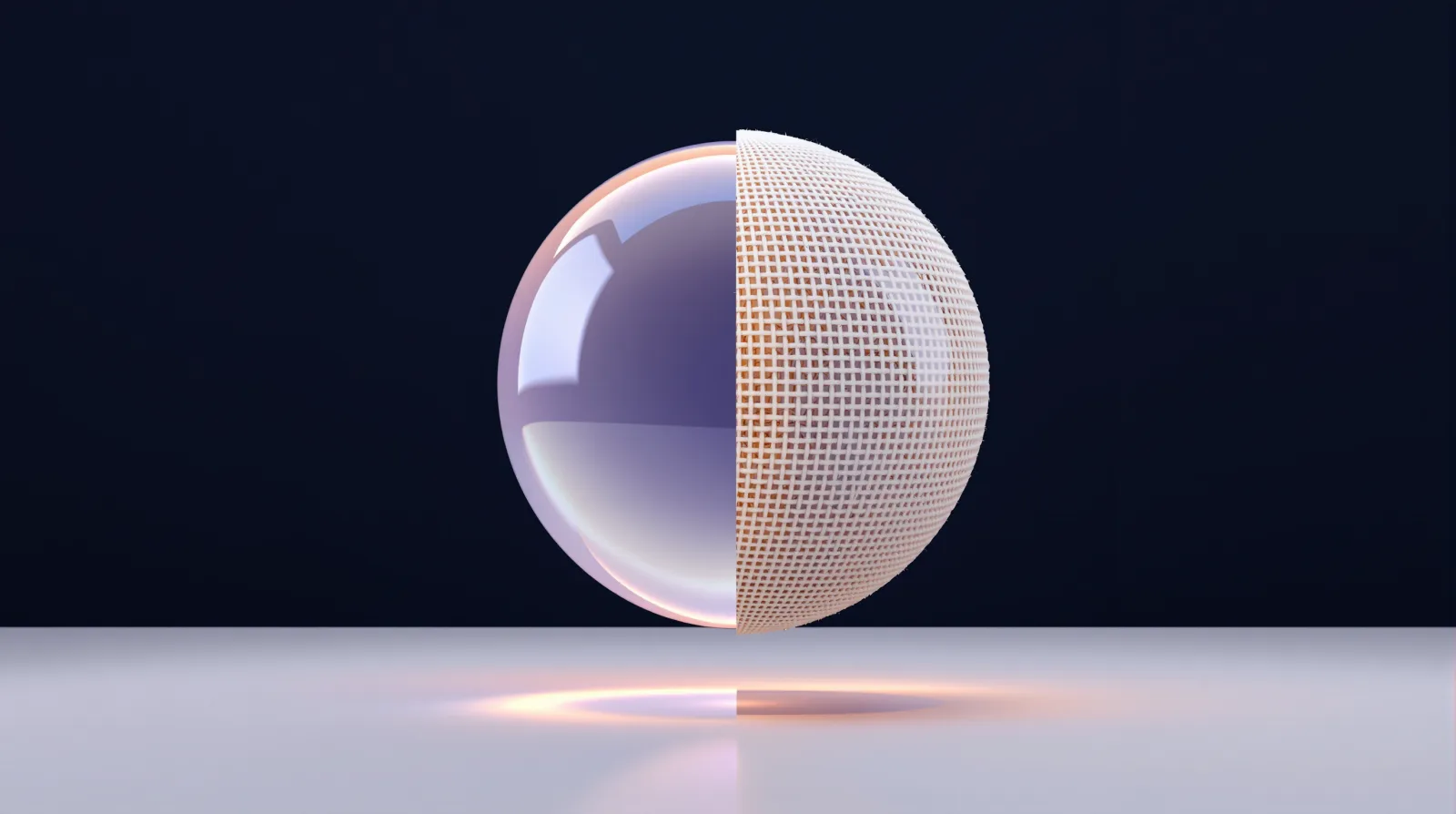 Abstract globe, half translucent glass and half woven natural fiber, merging at a seam of light